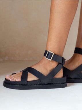 Women's Black Strappy Ankle Buckle Sandals